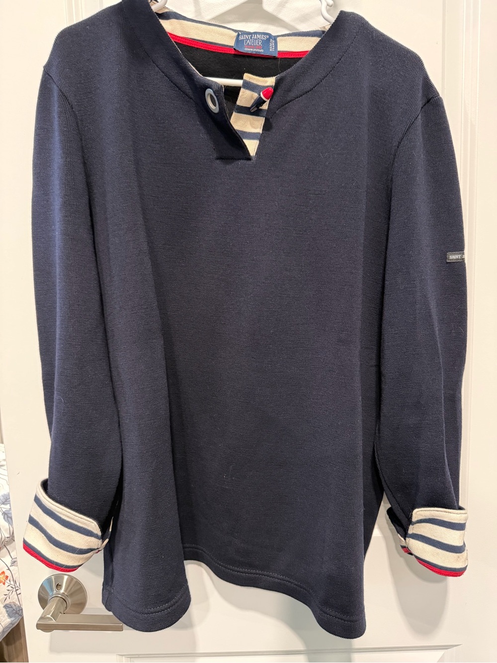 Saint James L’Atelier Navy Wool Blend Nautical Sweater Lipstick Button Size 18